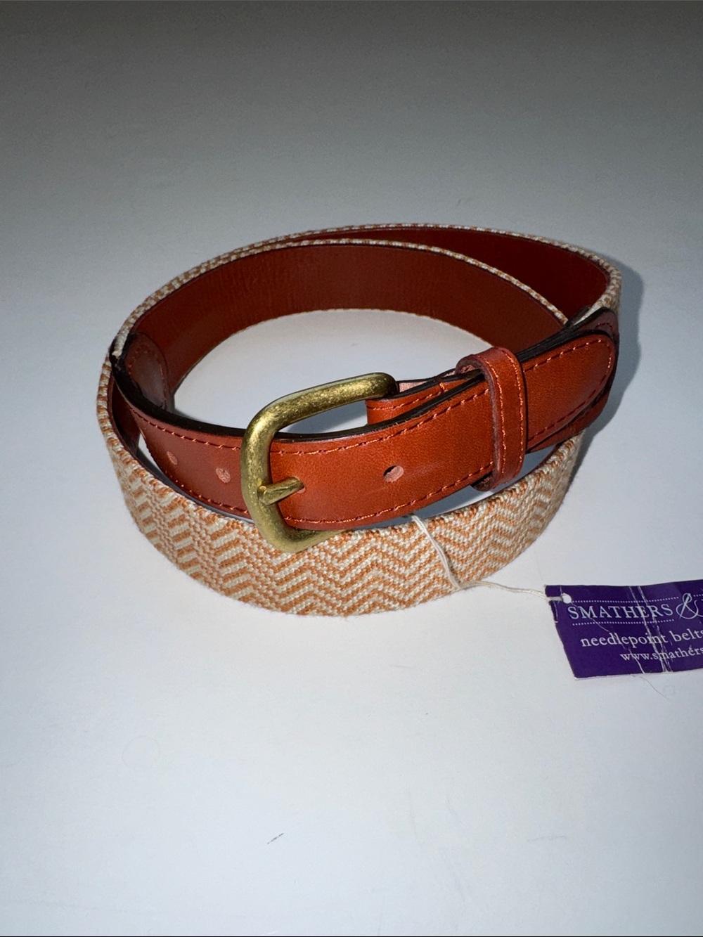 Smathers & Branson Orange Leather & Tan Herringbone Men’s Belt